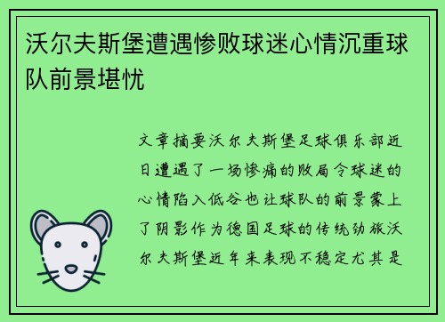 沃尔夫斯堡遭遇惨败球迷心情沉重球队前景堪忧