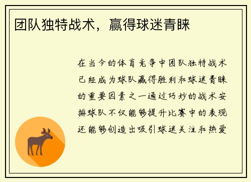 团队独特战术，赢得球迷青睐